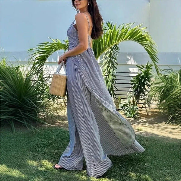 Gestreiftes ärmelloses Freizeitoberteil mit weitem, geradem Hosen - Set - Livezo