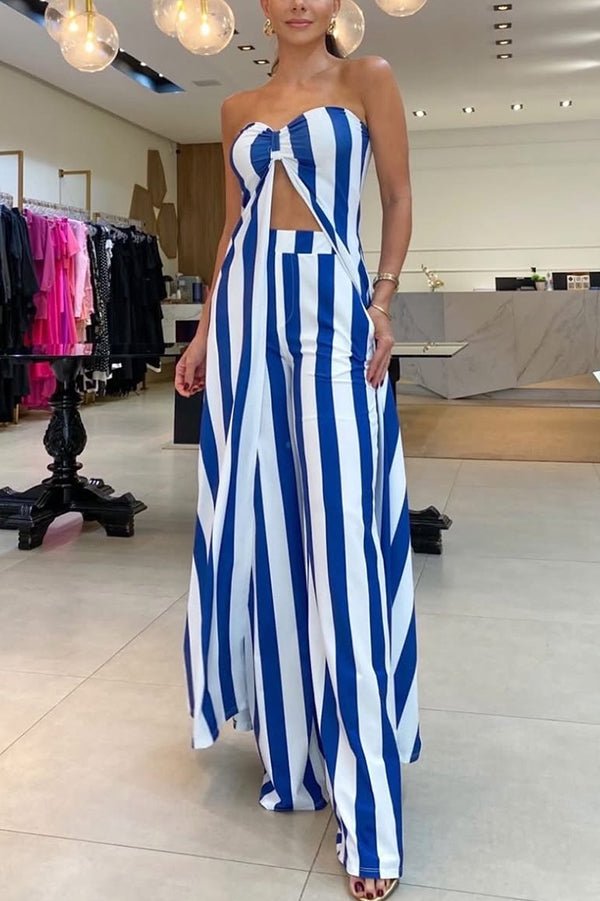 Gestreiftes Off - Shoulder - Oberteil und lockeres, gerade geschnittenes Hosen - Set mit Taschen - Livezo