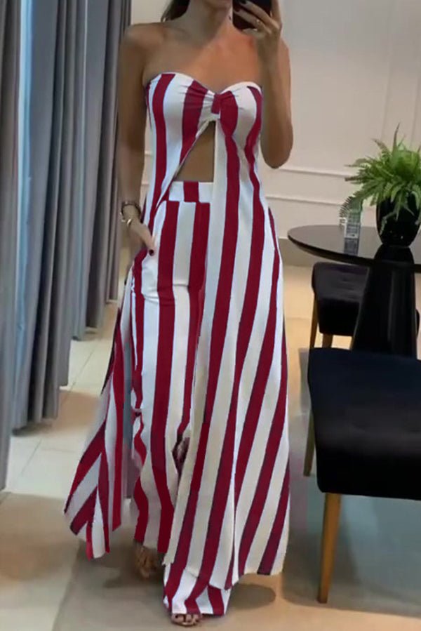 Gestreiftes Off - Shoulder - Oberteil und lockeres, gerade geschnittenes Hosen - Set mit Taschen - Livezo