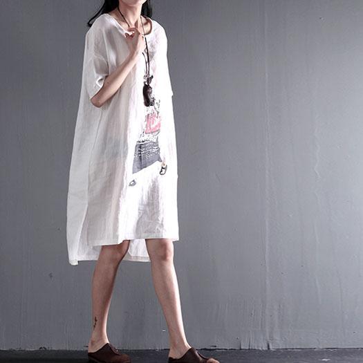 Großgrößen Weißes Leinen Shift - Kleid Sommer Maxikleid - Livezo