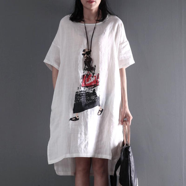 Großgrößen Weißes Leinen Shift - Kleid Sommer Maxikleid - Livezo