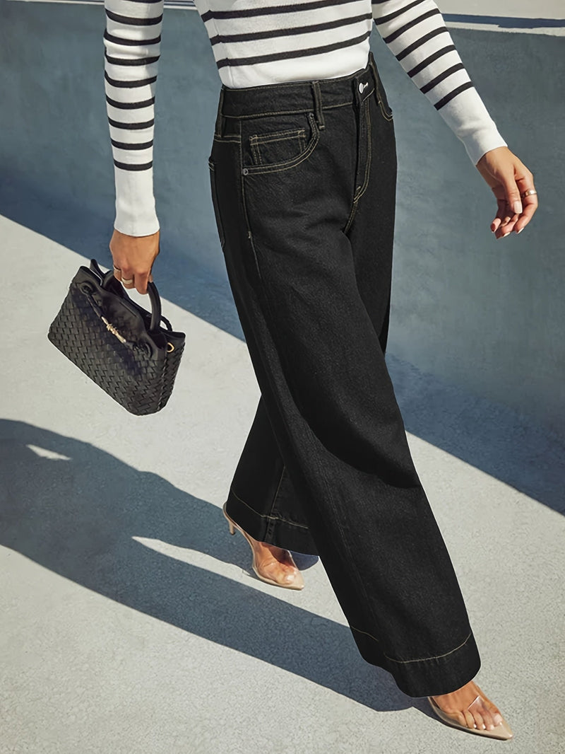 High - Waist Weitgeschnittene Stretch - Denim - Jeans mit Umschlagsaum - Livezo