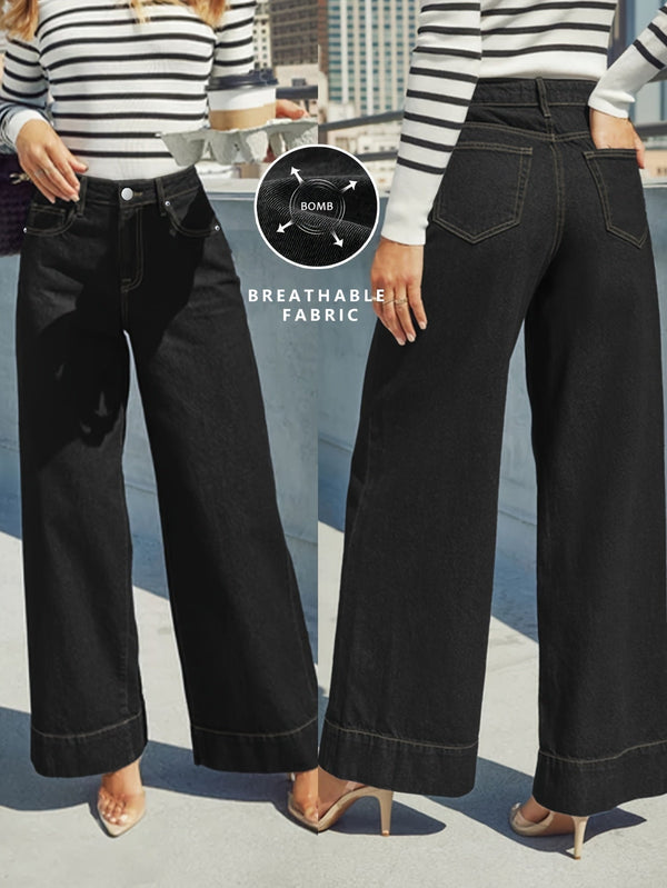 High - Waist Weitgeschnittene Stretch - Denim - Jeans mit Umschlagsaum - Livezo