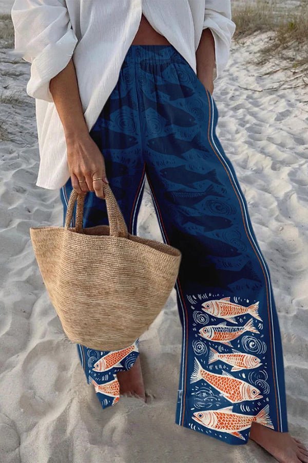 Hosen mit maritimem Print, elastischem Bund, lockerem Schnitt und Taschen - Livezo