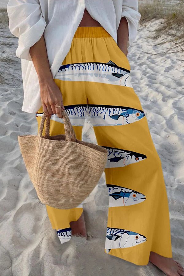 Hosen mit maritimem Print, elastischem Bund, lockerem Schnitt und Taschen - Livezo