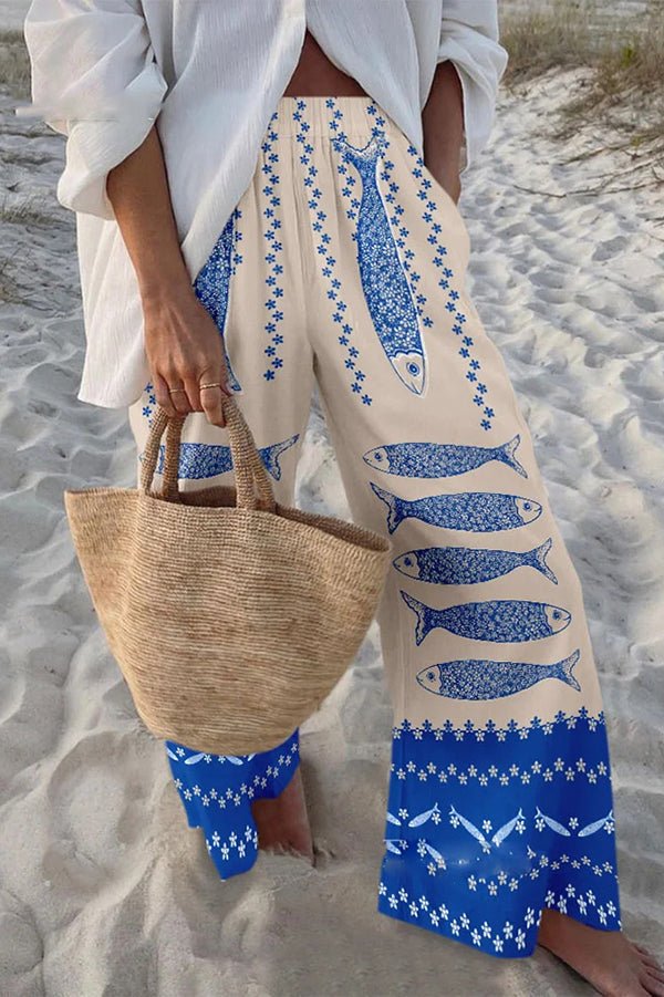 Hosen mit maritimem Print, elastischem Bund, lockerem Schnitt und Taschen - Livezo