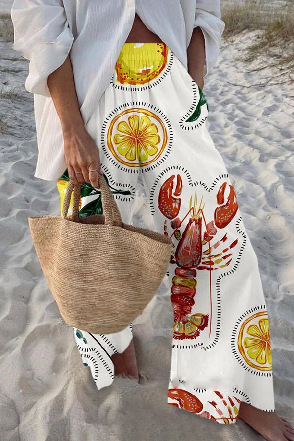 Hosen mit maritimem Print, elastischem Bund, lockerem Schnitt und Taschen - Livezo