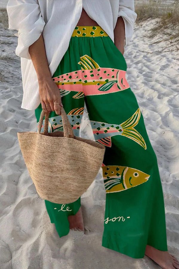 Hosen mit maritimem Print, elastischem Bund, lockerem Schnitt und Taschen - Livezo