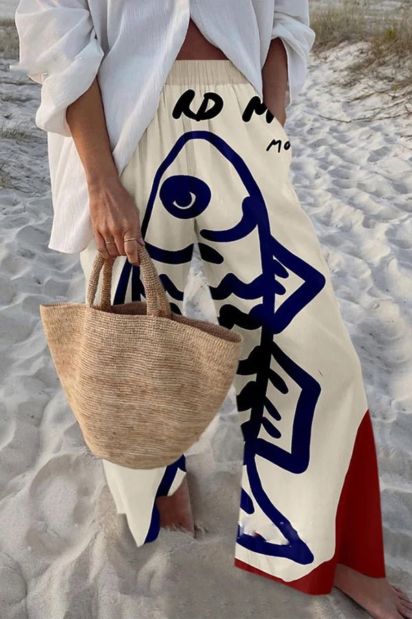 Hosen mit maritimem Print, elastischem Bund, lockerem Schnitt und Taschen - Livezo