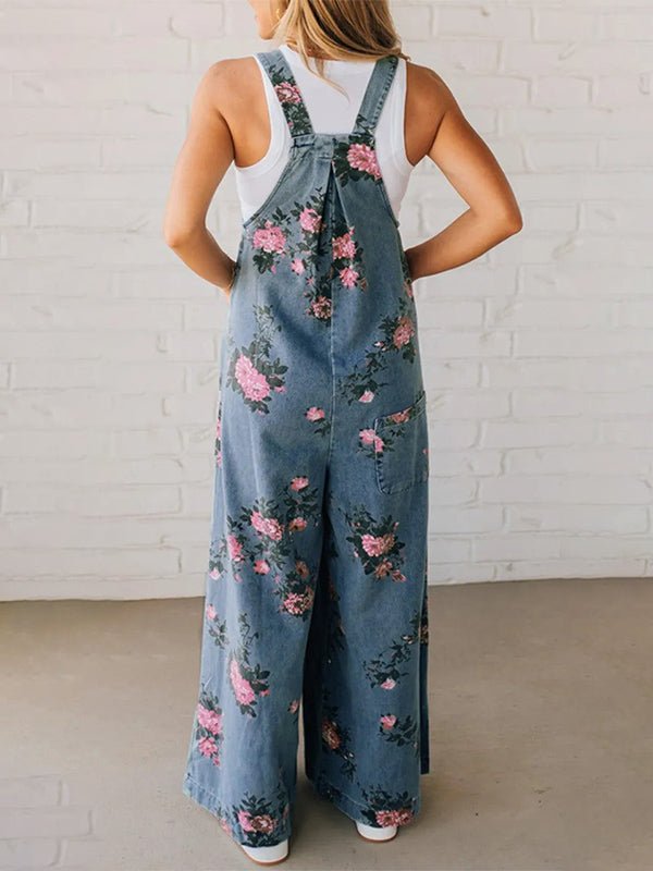 Jeanslatzhose mit weitem Bein und Blumenmuster - Livezo