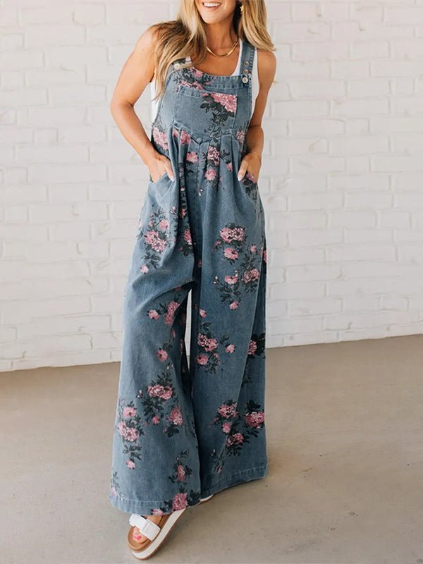 Jeanslatzhose mit weitem Bein und Blumenmuster - Livezo