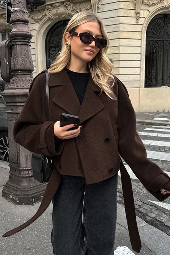 Klassische braune Wollmischung Doppelreihige Jacke für Herbstlagen - Livezo