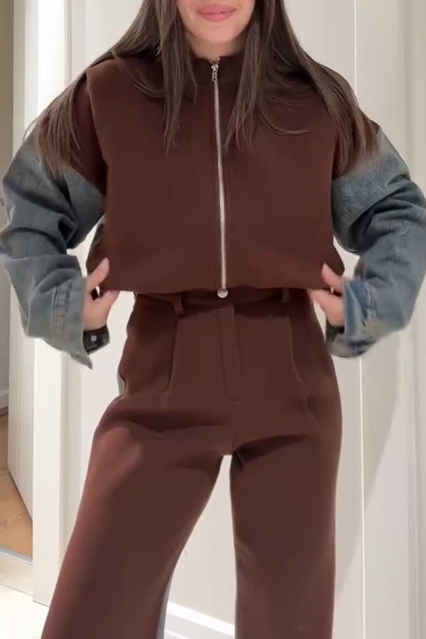 Lässige Jeans - Patchwork - Sweatshirtjacke mit Reißverschluss - Livezo