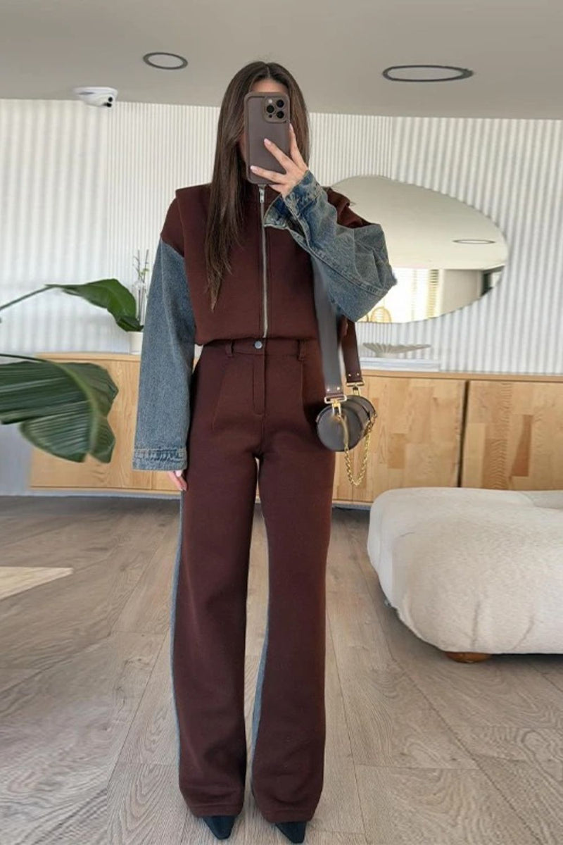 Lässige Jeans - Patchwork - Sweatshirtjacke mit Reißverschluss - Livezo