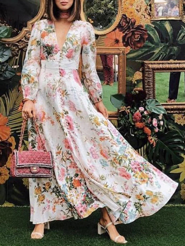 Lässiges Maxikleid mit V - Ausschnitt und Blumenmuster - Livezo