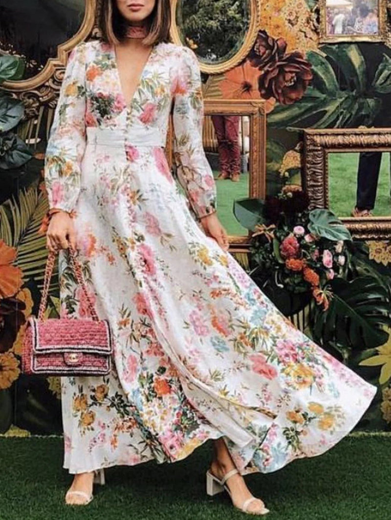 Lässiges Maxikleid mit V - Ausschnitt und Blumenmuster - Livezo