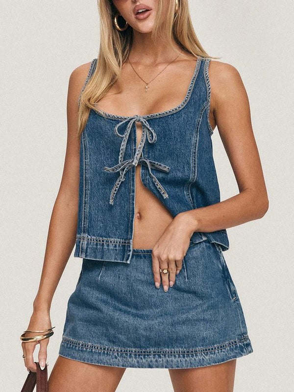 Legeres Jeans - Crop - Top mit Knoten vorne und Minirock Set - Livezo
