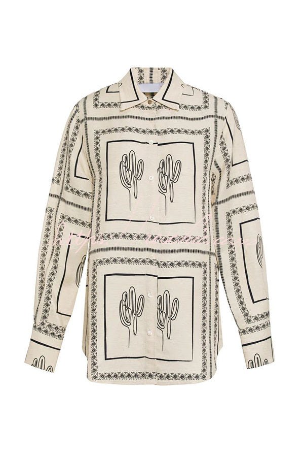 Leinenmischung Abstrakte Geometrische Linien Locker sitzende Bluse - Livezo