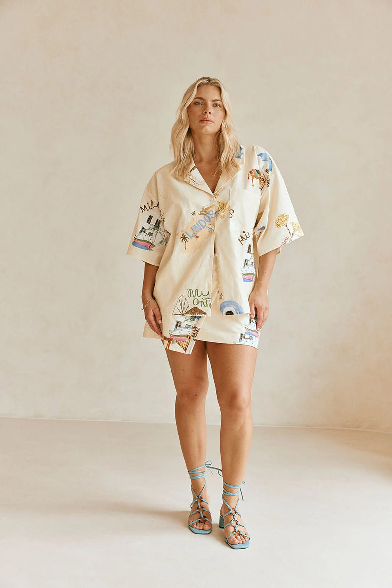 Leinenmischung Bedrucktes Kurzarmhemd und Hochgesetztes Wickelrock - Set - Livezo