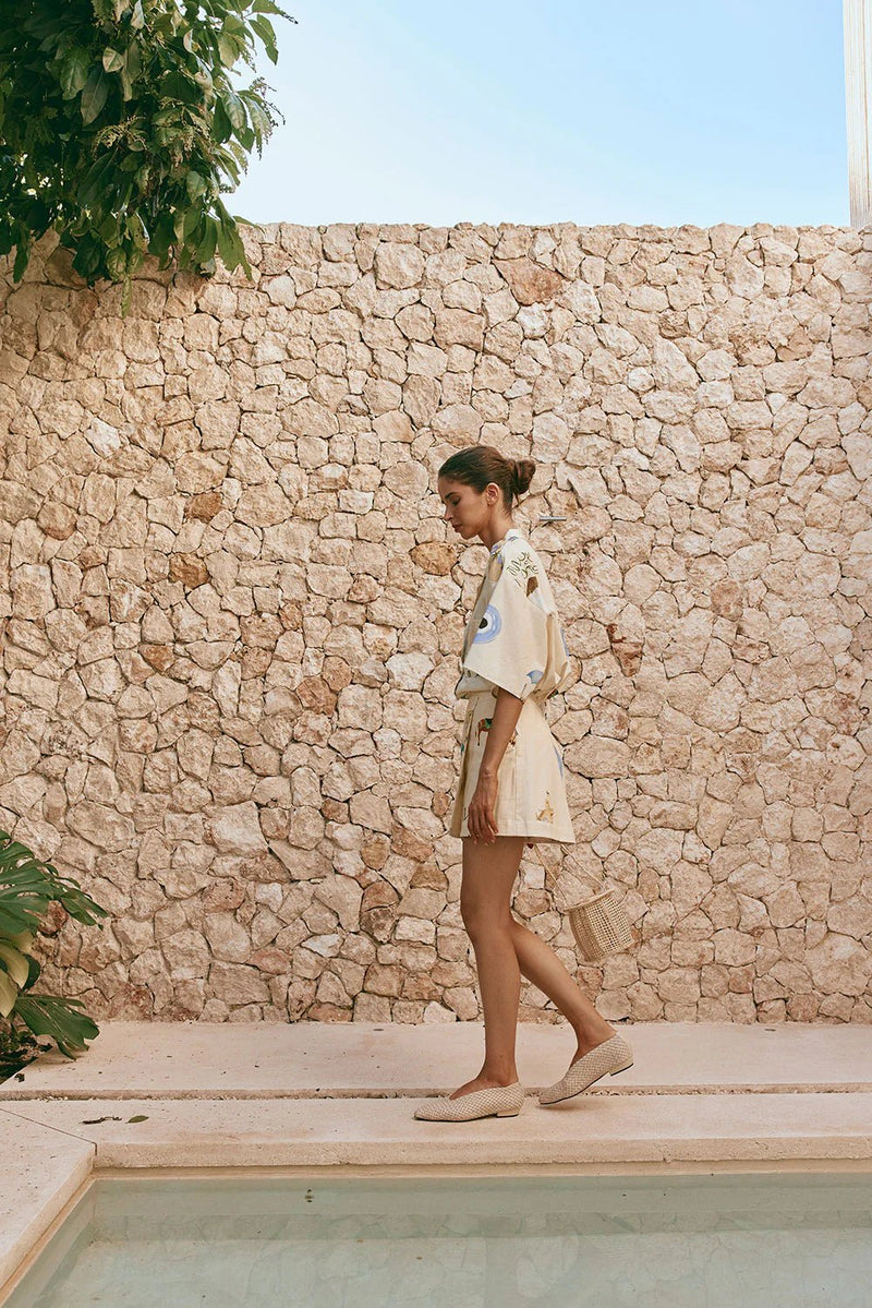 Leinenmischung Bedrucktes Kurzarmhemd und Hochgesetztes Wickelrock - Set - Livezo