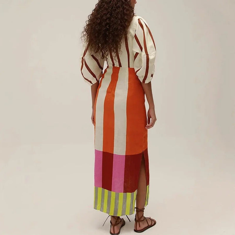Leinenmischung Color Block Kleid mit Knoten, Ausschnitt, Puffärmeln und Maxi - Länge - Livezo