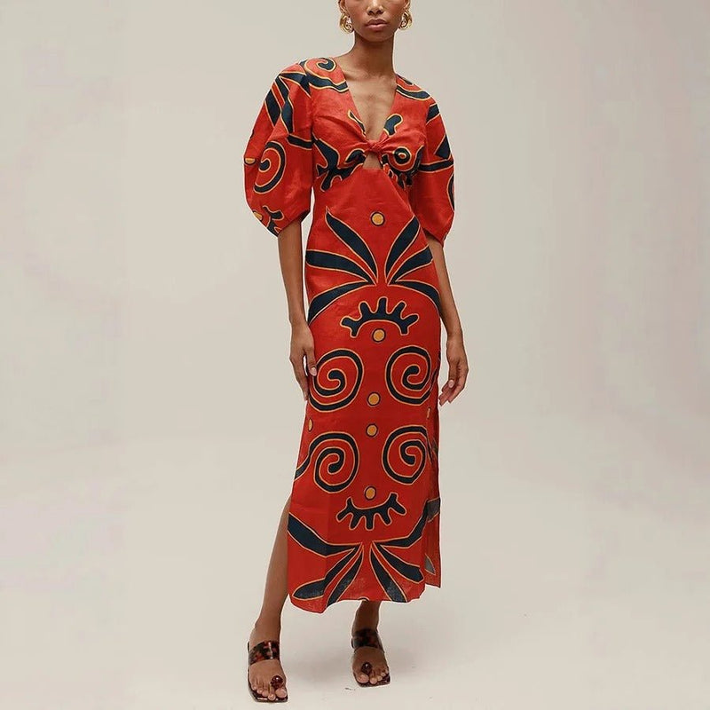 Leinenmischung Color Block Kleid mit Knoten, Ausschnitt, Puffärmeln und Maxi - Länge - Livezo