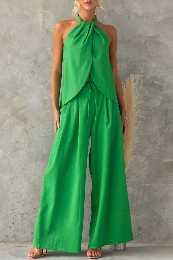 Leinenmischung Oberteil mit Frontschlitz und Weite Hosen Set - Livezo