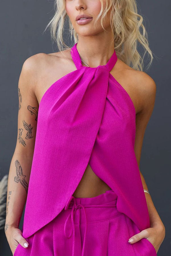 Leinenmischung Oberteil mit Frontschlitz und Weite Hosen Set - Livezo