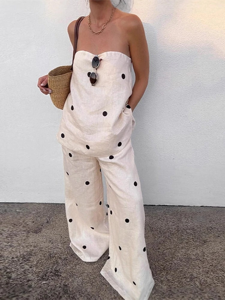 Leinenmischung Polka - Dot Bandeau - Top mit weitem Bein Hose Set - Livezo