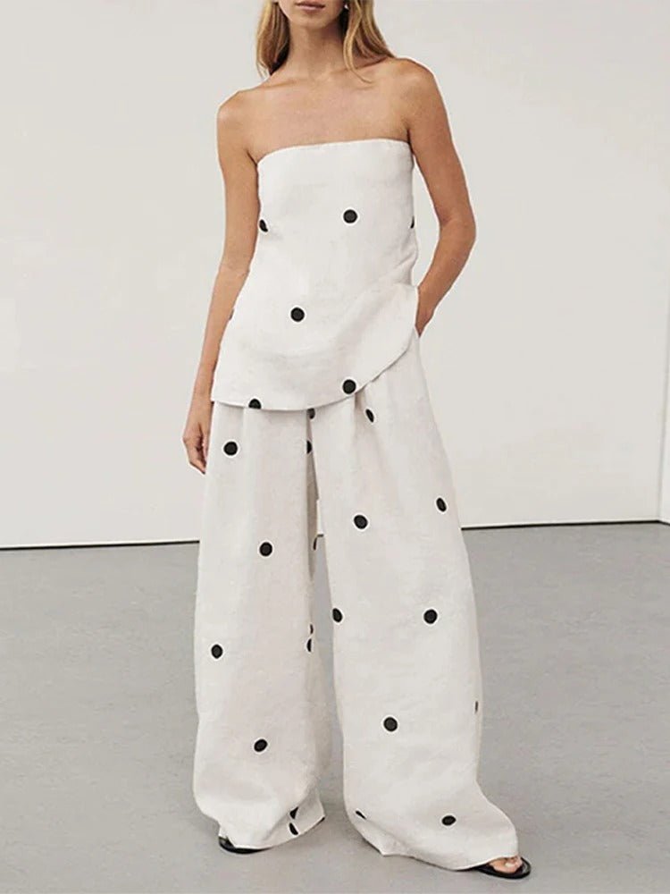 Leinenmischung Polka - Dot Bandeau - Top mit weitem Bein Hose Set - Livezo