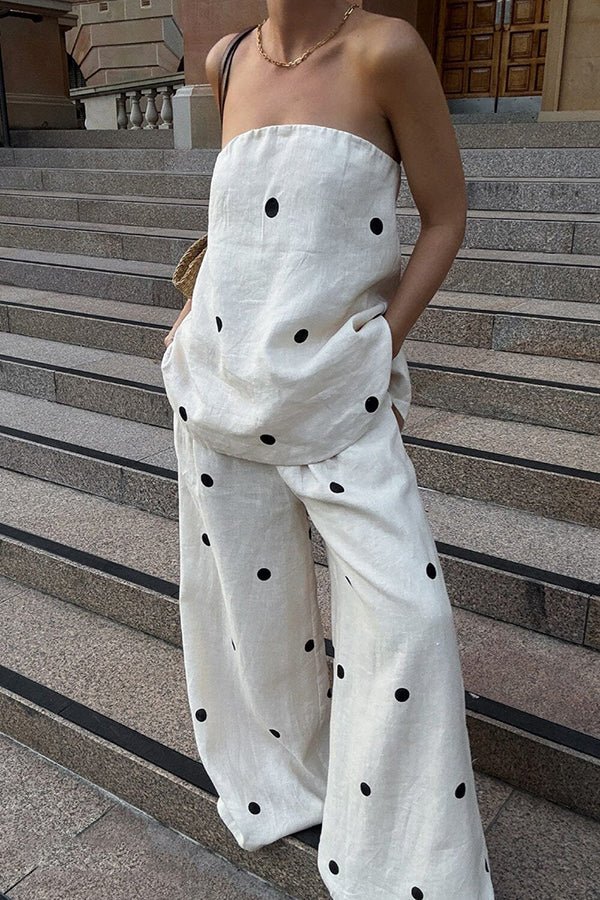 Leinenmischung Polka - Dot Bandeau - Top mit weitem Bein Hose Set - Livezo