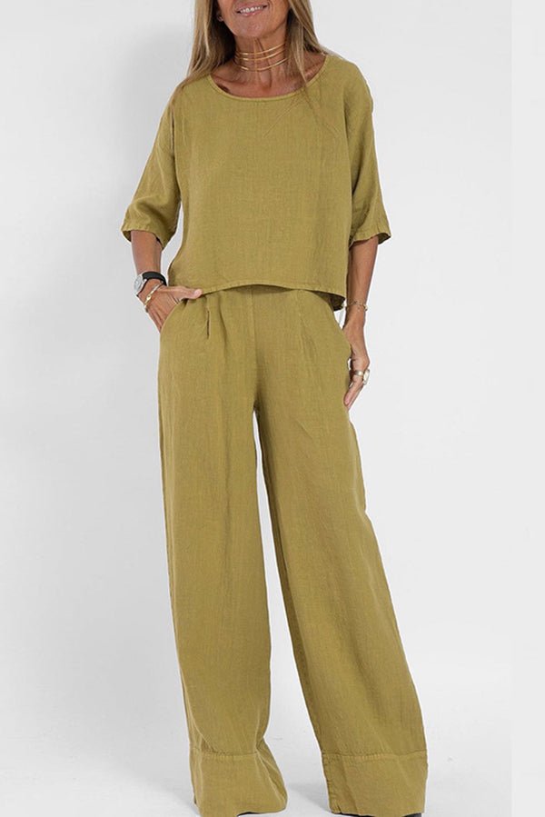 Leinenmischung Rundhalshemd und weit geschnittene Hosen Set - Livezo