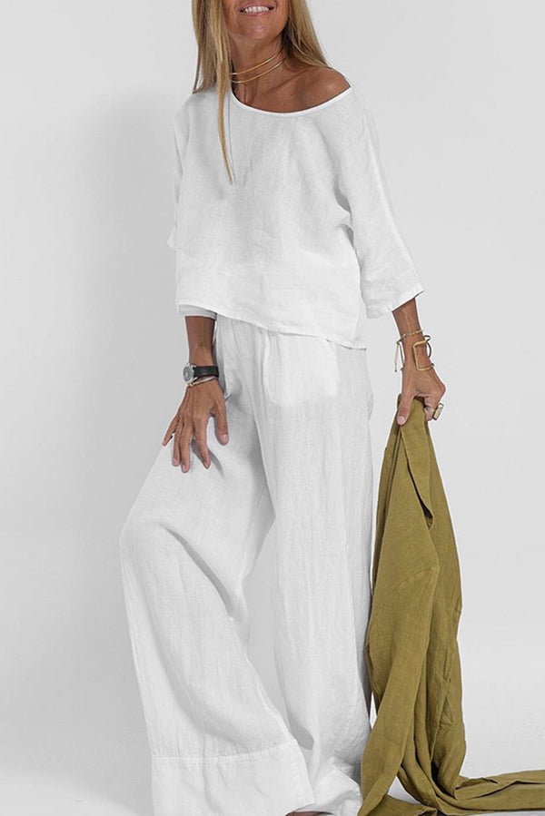 Leinenmischung Rundhalshemd und weit geschnittene Hosen Set - Livezo