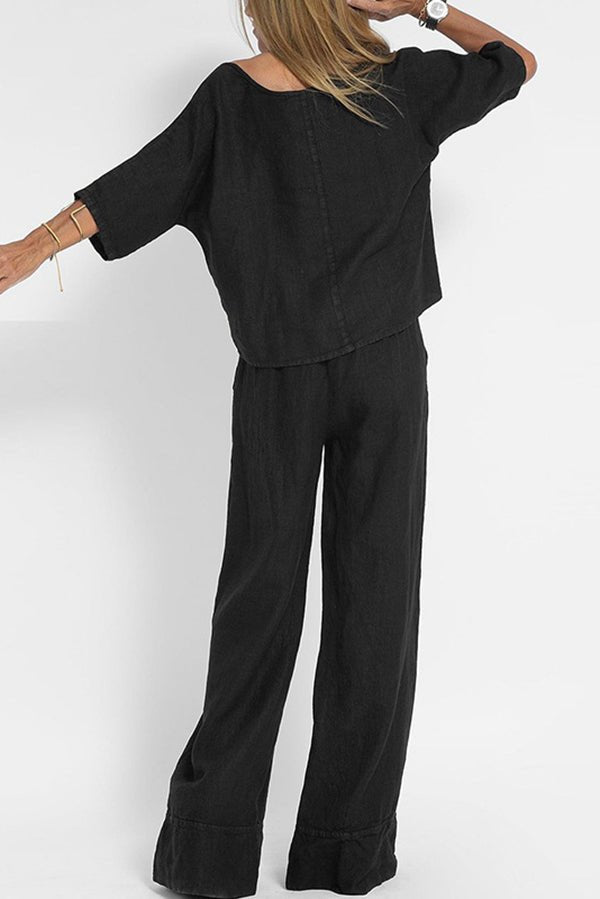 Leinenmischung Rundhalshemd und weit geschnittene Hosen Set - Livezo