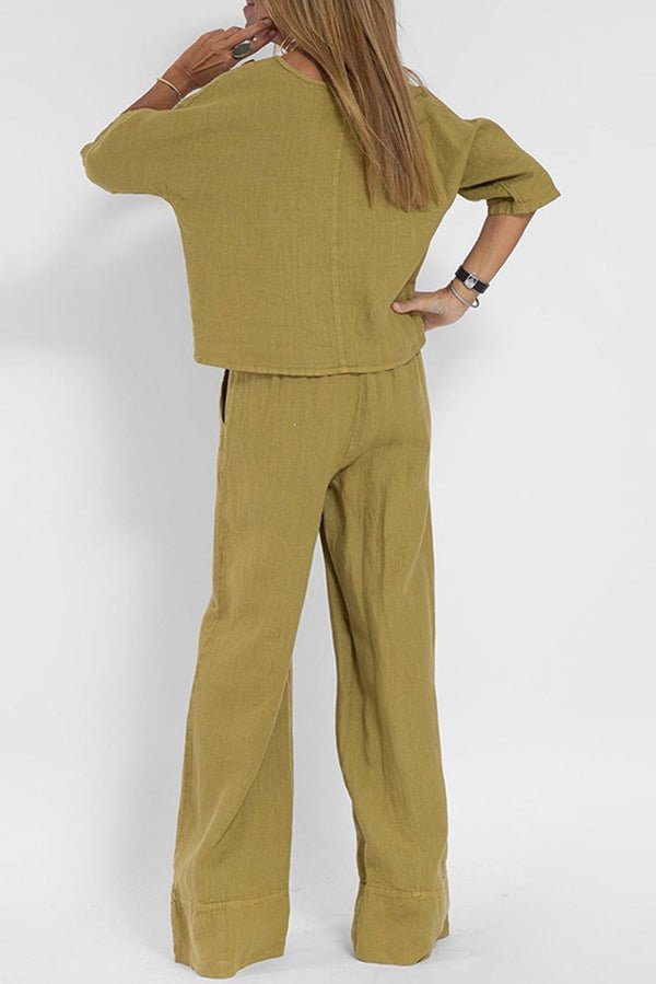 Leinenmischung Rundhalshemd und weit geschnittene Hosen Set - Livezo