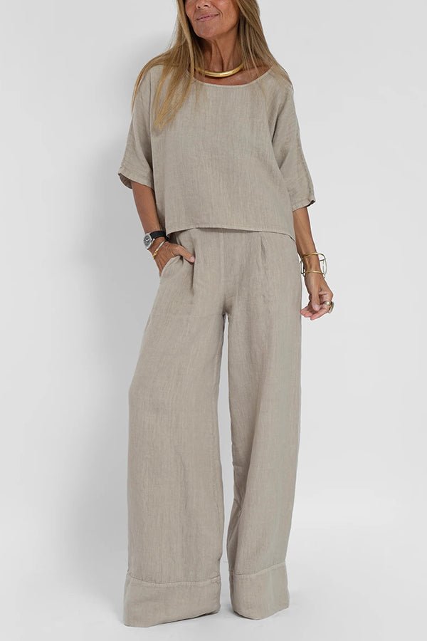 Leinenmischung Rundhalshemd und weit geschnittene Hosen Set - Livezo