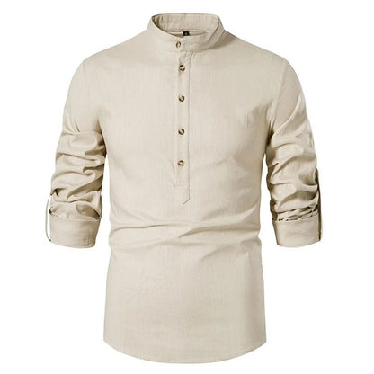 Lightweight Linen Shirt with Stand - Up Collar for Men - Harren Cole