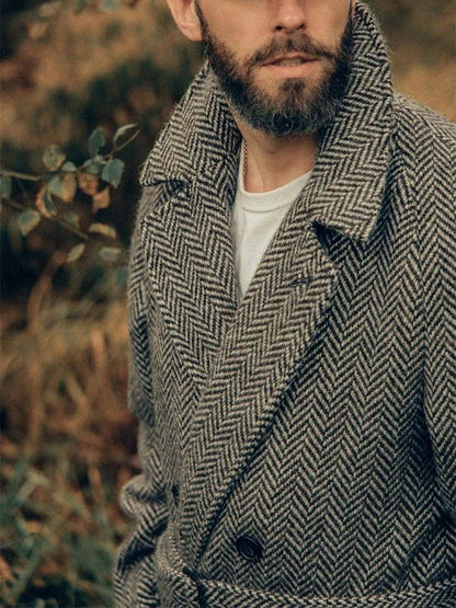 Long Herringbone Pattern Wool Blend Coat - Harren Cole