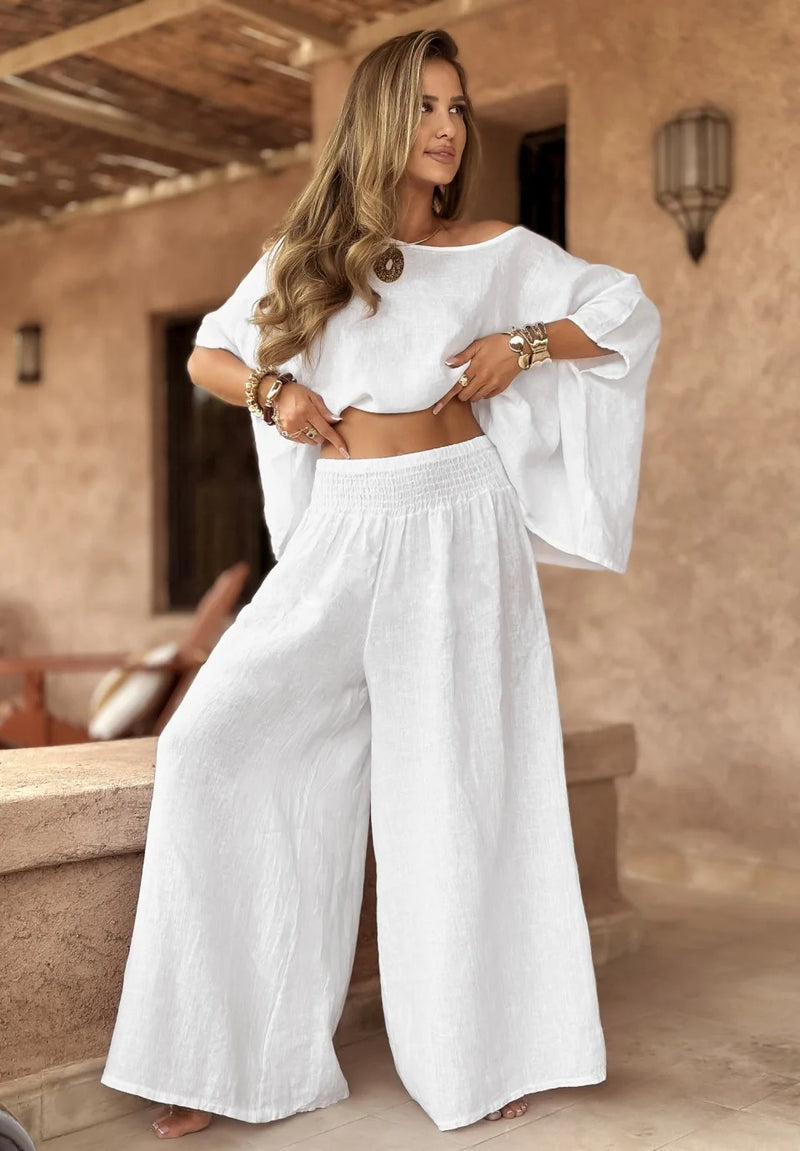 Zweiteiliges Off-Shoulder Set mit weitem Bein für den Sommer