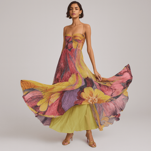 Maxikleid mit Blumenmuster, Herzausschnitt und Plisseefalten - Livezo