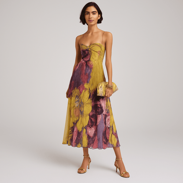 Maxikleid mit Blumenmuster, Herzausschnitt und Plisseefalten - Livezo