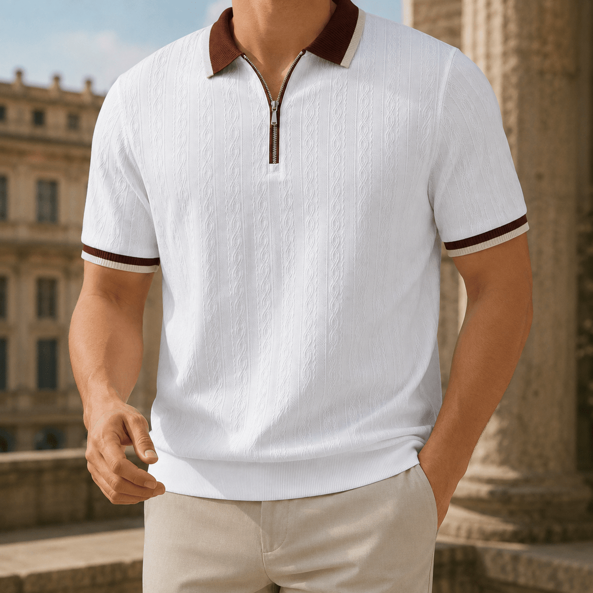 Men's Textured Woven Half Zip Polo Shirt - Harren Cole