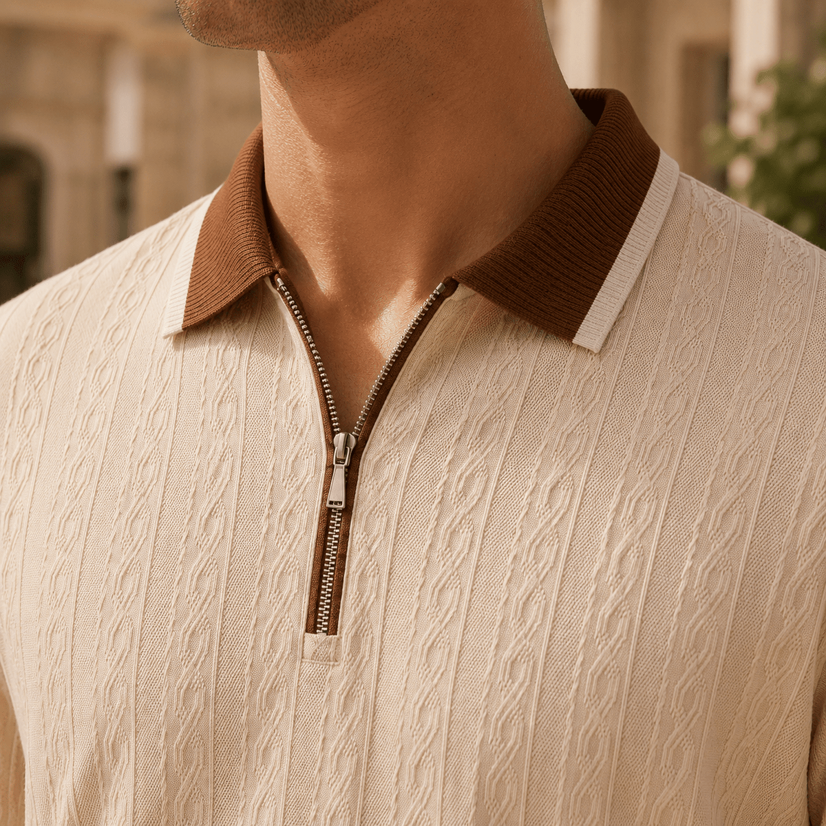 Men's Textured Woven Half Zip Polo Shirt - Harren Cole