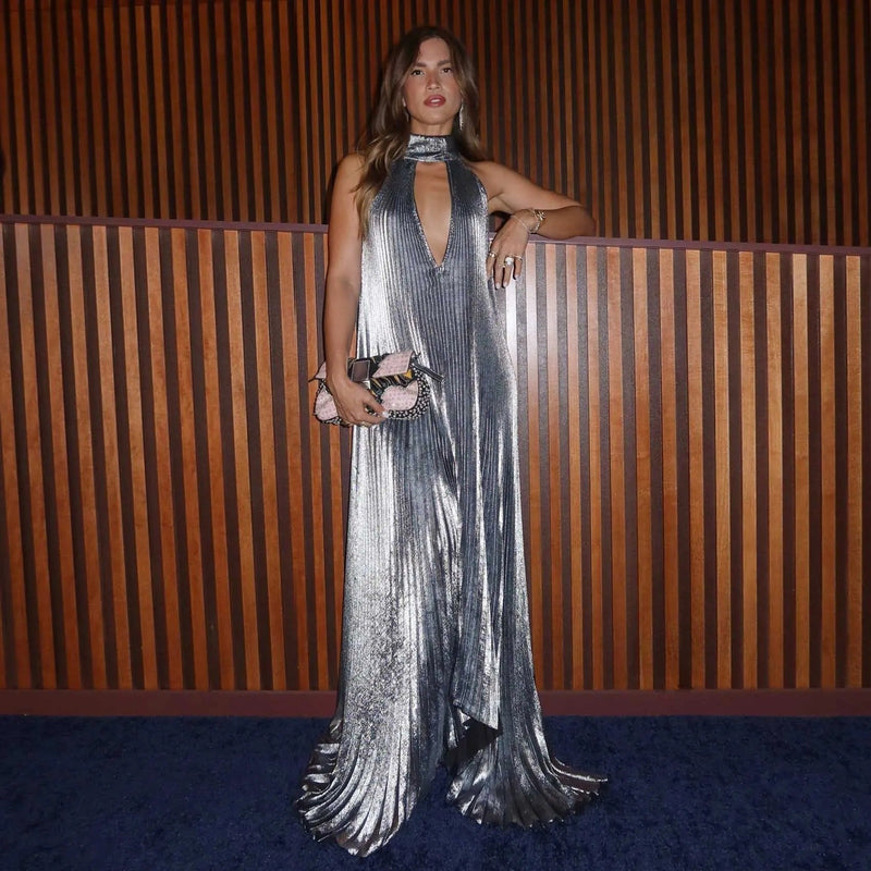 Metallic Faltenrock Maxikleid mit Neckholder und A - Linie für Festliche Partys - Livezo