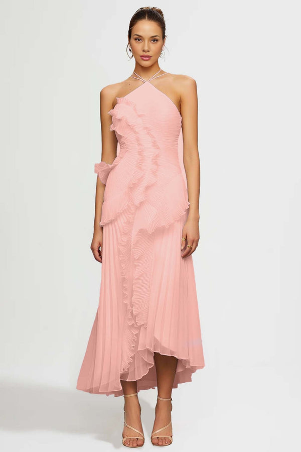 Plissiertes Midikleid mit Neckholder und kaskadierenden Rüschen in Pink - Livezo