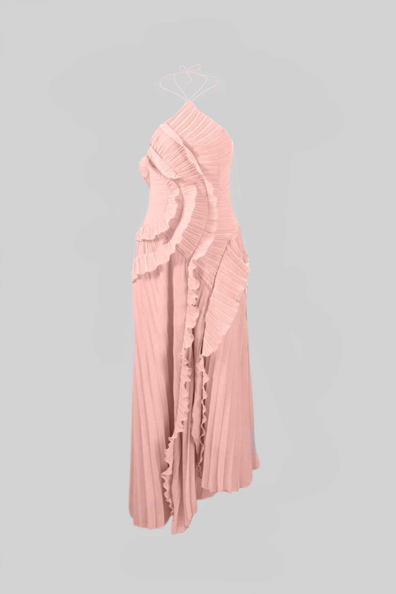Plissiertes Midikleid mit Neckholder und kaskadierenden Rüschen in Pink - Livezo