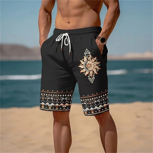 Printed Beach Shorts with Sun Motif - Harren Cole