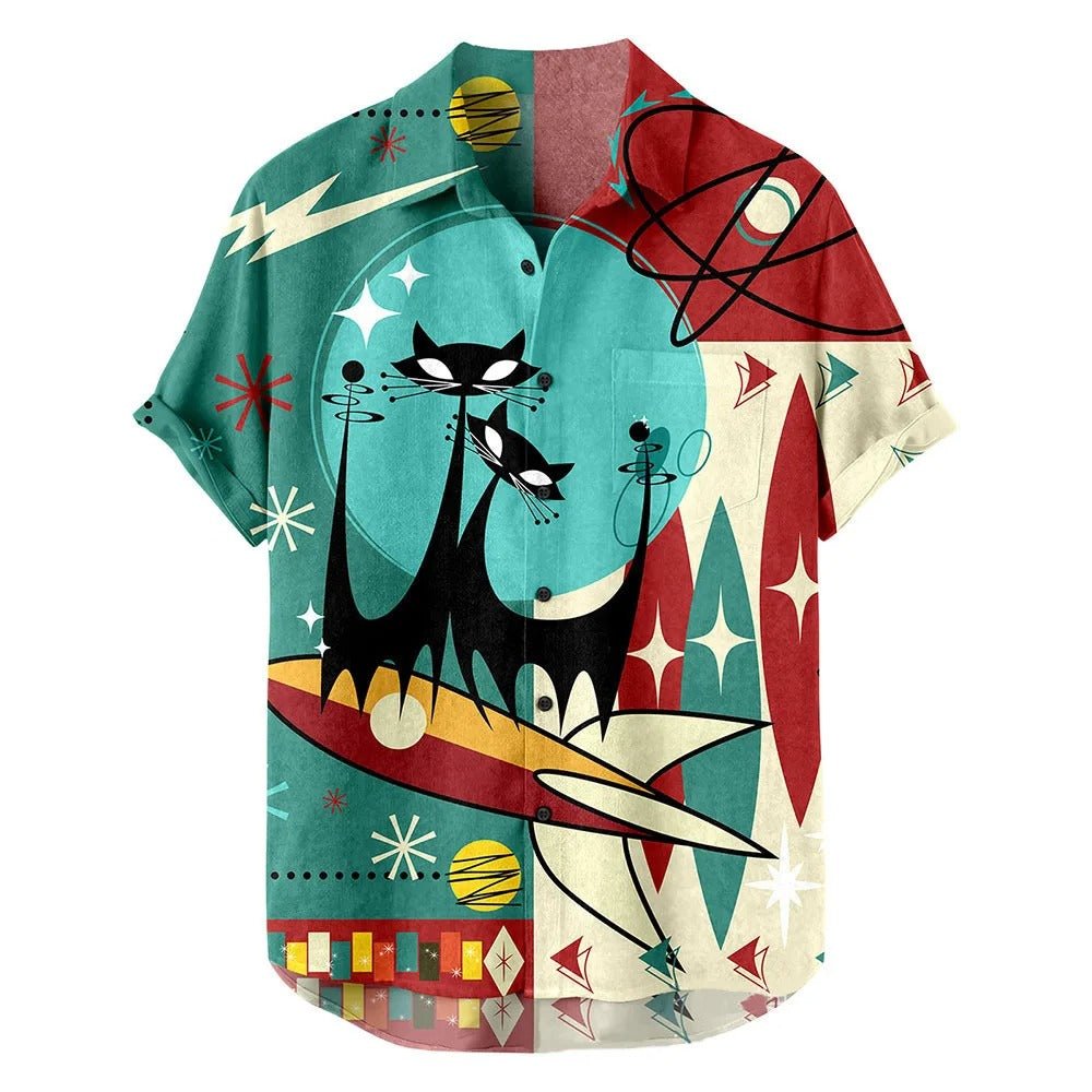 Retro Cat Motif Short Sleeve Shirt - Harren Cole