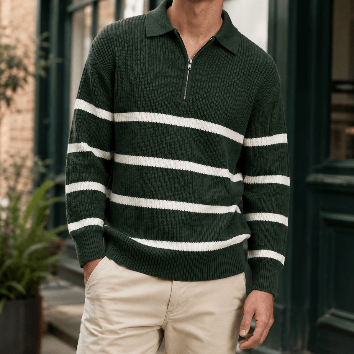 Ribbed Knit Half-Zip Collared Sweater - Harren Cole