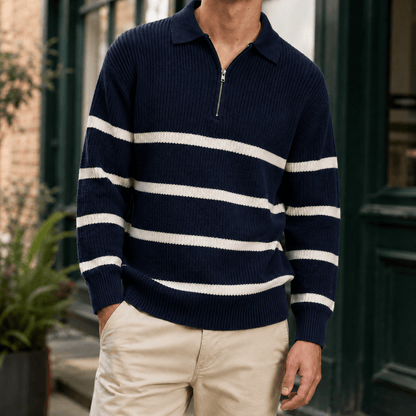 Ribbed Knit Half-Zip Collared Sweater - Harren Cole